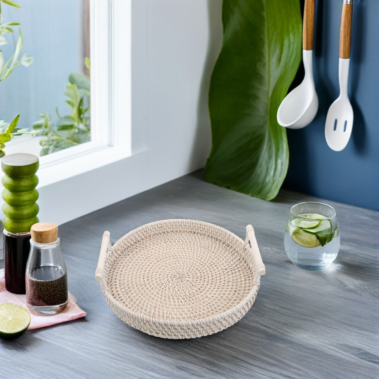 Rattan Tray Handle - Круглый поднос из ротанга ручной работы